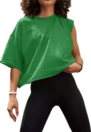 UEU Women's Comfy Basic Workout Gym Short Sleeve Crop Tops Casual Loose Oversized T-Shirts