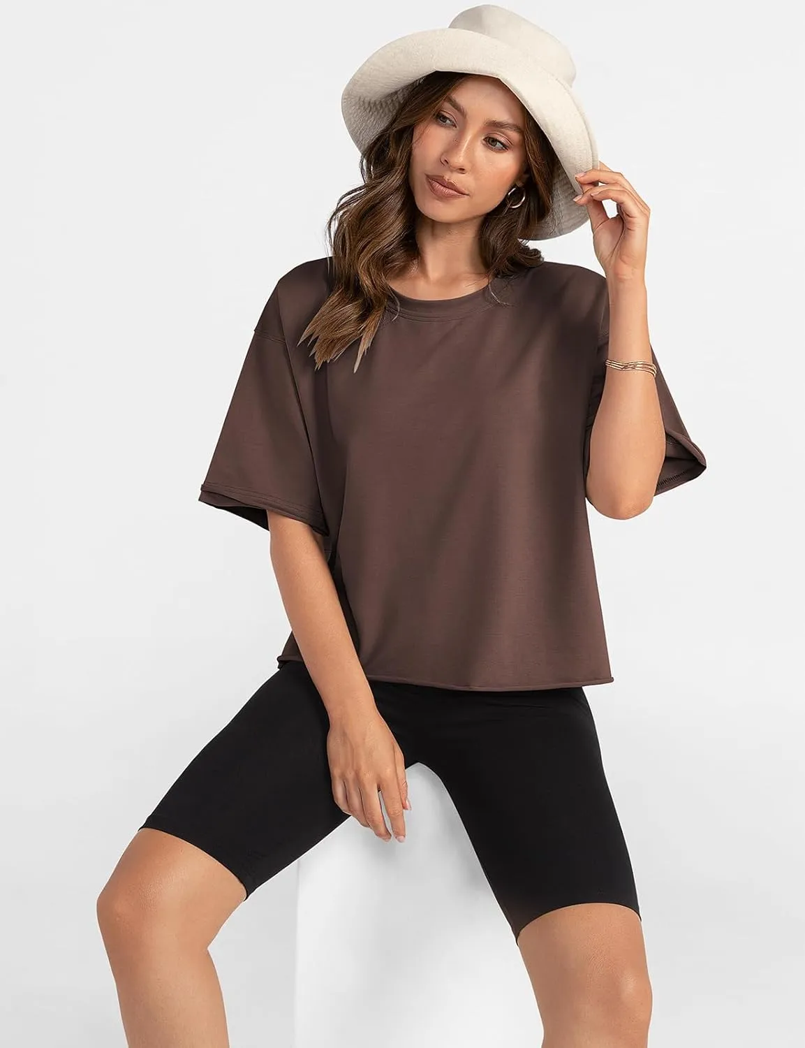 UEU Women's Comfy Basic Workout Gym Short Sleeve Crop Tops Casual Loose Oversized T-Shirts