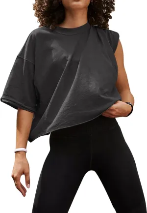 UEU Women's Comfy Basic Workout Gym Short Sleeve Crop Tops Casual Loose Oversized T-Shirts