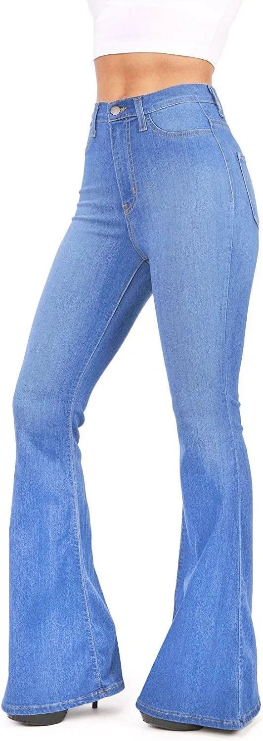 Vibrant Women's Juniors Bell Bottom High Waist Fitted Denim Jeans