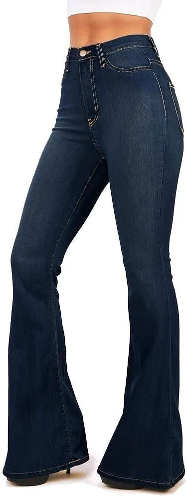 Vibrant Women's Juniors Bell Bottom High Waist Fitted Denim Jeans