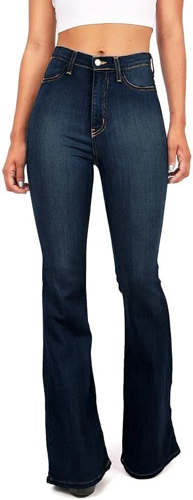 Vibrant Women's Juniors Bell Bottom High Waist Fitted Denim Jeans