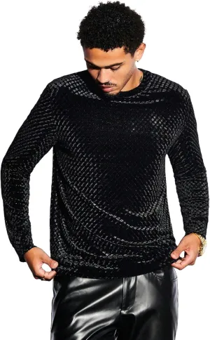 WDIRARA Men's Solid Velvet Textured Sweatshirt Round Neck Long Sleeve Sweatshirts Casual Pullover Outfits