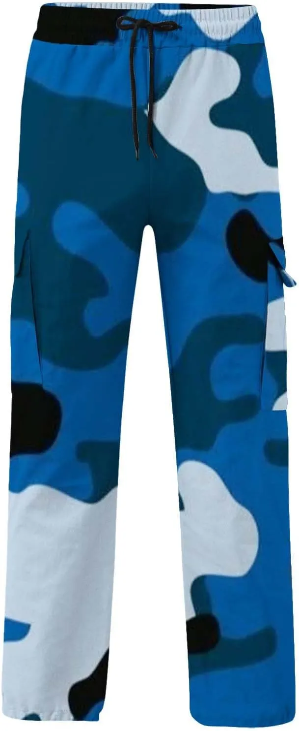 WENKOMG1 Casual Cargo Pants for Men Solid Camo Casual Hiking Pants Workout Joggers Drawstring Multi Pocket Sweatpants