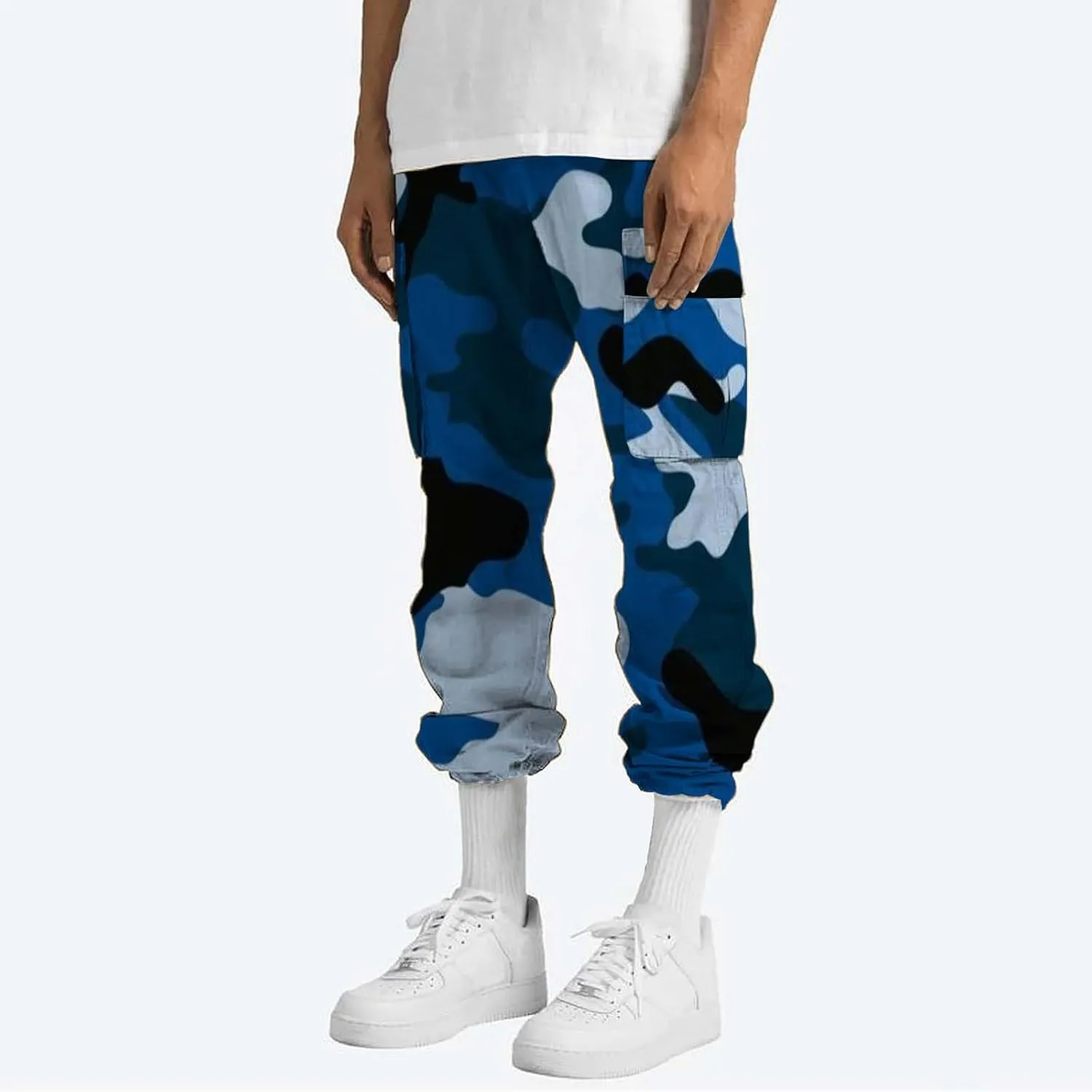 WENKOMG1 Casual Cargo Pants for Men Solid Camo Casual Hiking Pants Workout Joggers Drawstring Multi Pocket Sweatpants