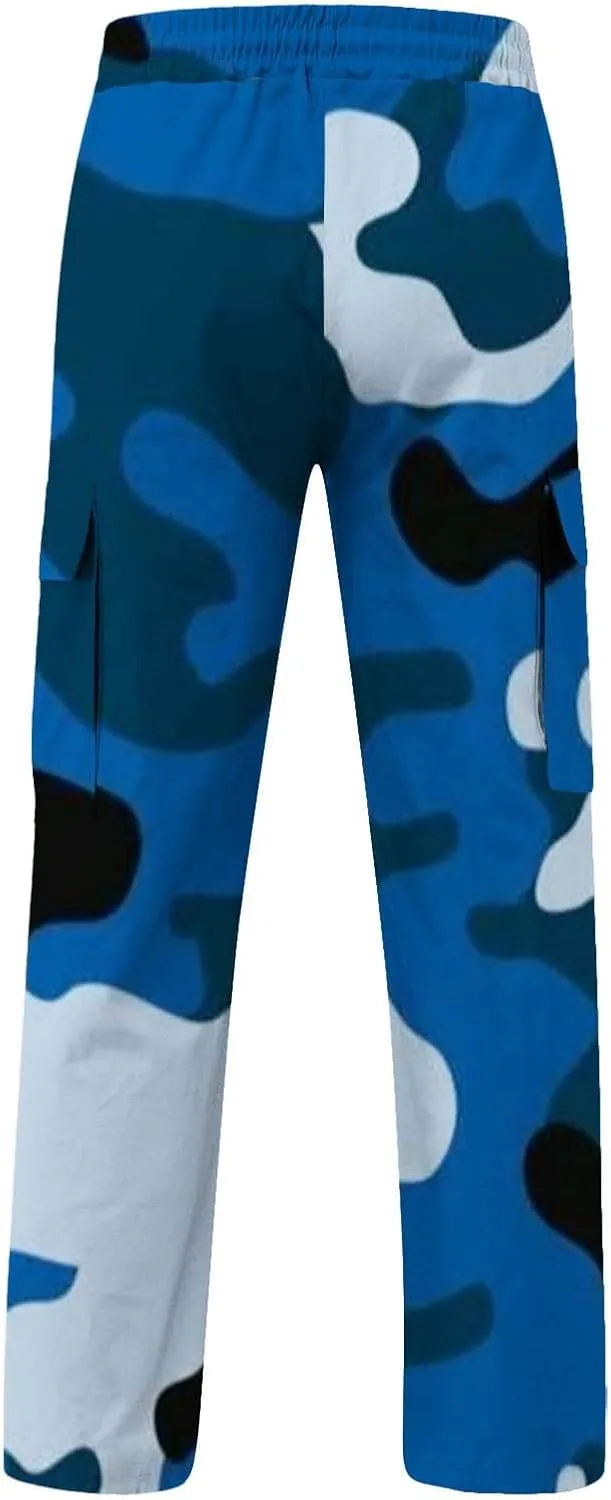 WENKOMG1 Casual Cargo Pants for Men Solid Camo Casual Hiking Pants Workout Joggers Drawstring Multi Pocket Sweatpants