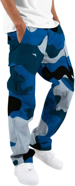 WENKOMG1 Casual Cargo Pants for Men Solid Camo Casual Hiking Pants Workout Joggers Drawstring Multi Pocket Sweatpants