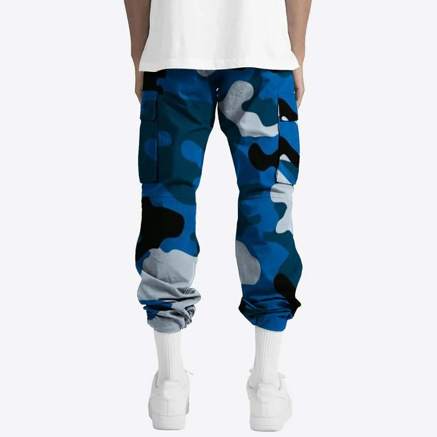 WENKOMG1 Casual Cargo Pants for Men Solid Camo Casual Hiking Pants Workout Joggers Drawstring Multi Pocket Sweatpants