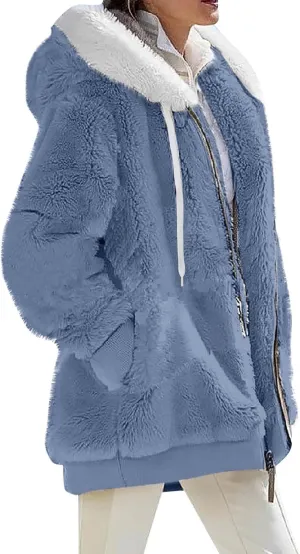 Winter Coats For Women Fuzzy Fleece Jacket Hooded Color Block Patchwork Cardigan Coat Outerwear With Pocket S-5XL