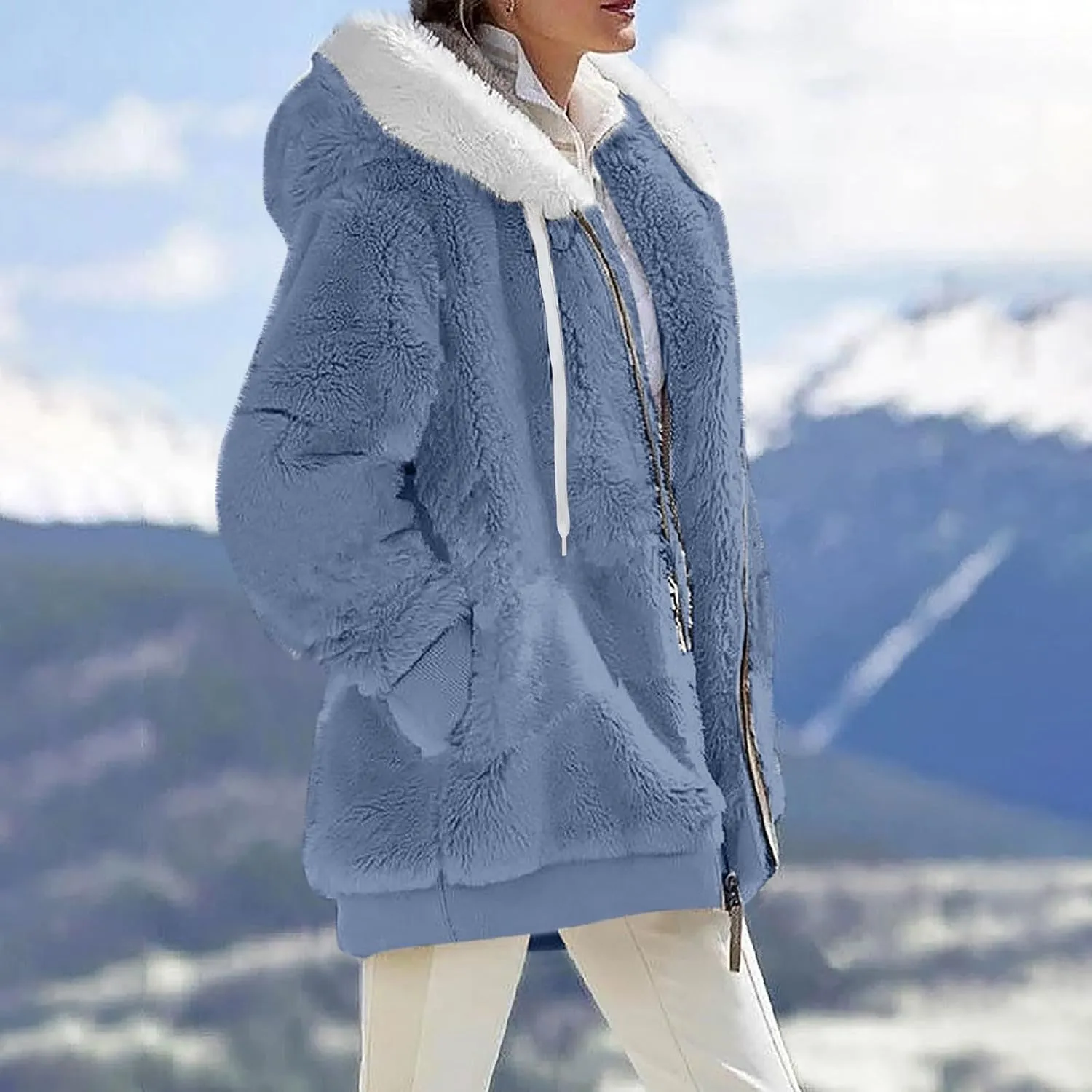 Winter Coats For Women Fuzzy Fleece Jacket Hooded Color Block Patchwork Cardigan Coat Outerwear With Pocket S-5XL