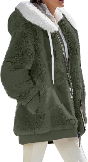 Winter Coats For Women Fuzzy Fleece Jacket Hooded Color Block Patchwork Cardigan Coat Outerwear With Pocket S-5XL