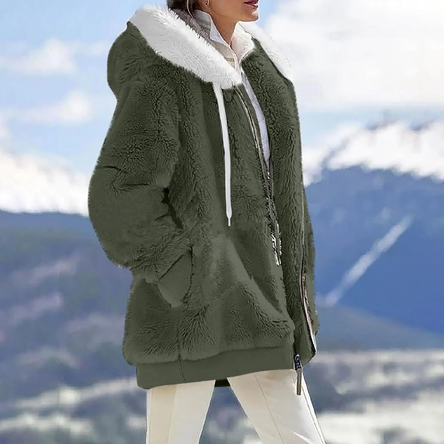 Winter Coats For Women Fuzzy Fleece Jacket Hooded Color Block Patchwork Cardigan Coat Outerwear With Pocket S-5XL