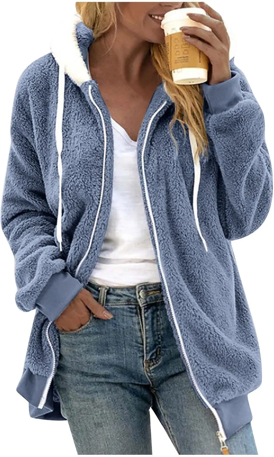 Winter Coats For Women Fuzzy Fleece Jacket Hooded Color Block Patchwork Cardigan Coat Outerwear With Pocket S-5XL