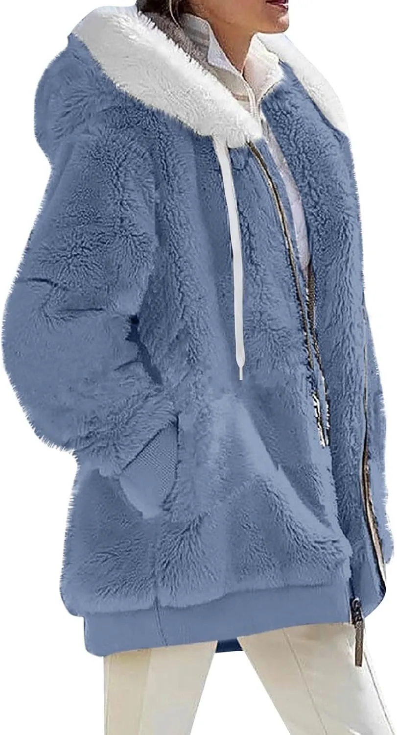 Winter Coats For Women Fuzzy Fleece Jacket Hooded Color Block Patchwork Cardigan Coat Outerwear With Pocket S-5XL