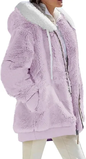 Winter Coats For Women Fuzzy Fleece Jacket Hooded Color Block Patchwork Cardigan Coat Outerwear With Pocket S-5XL