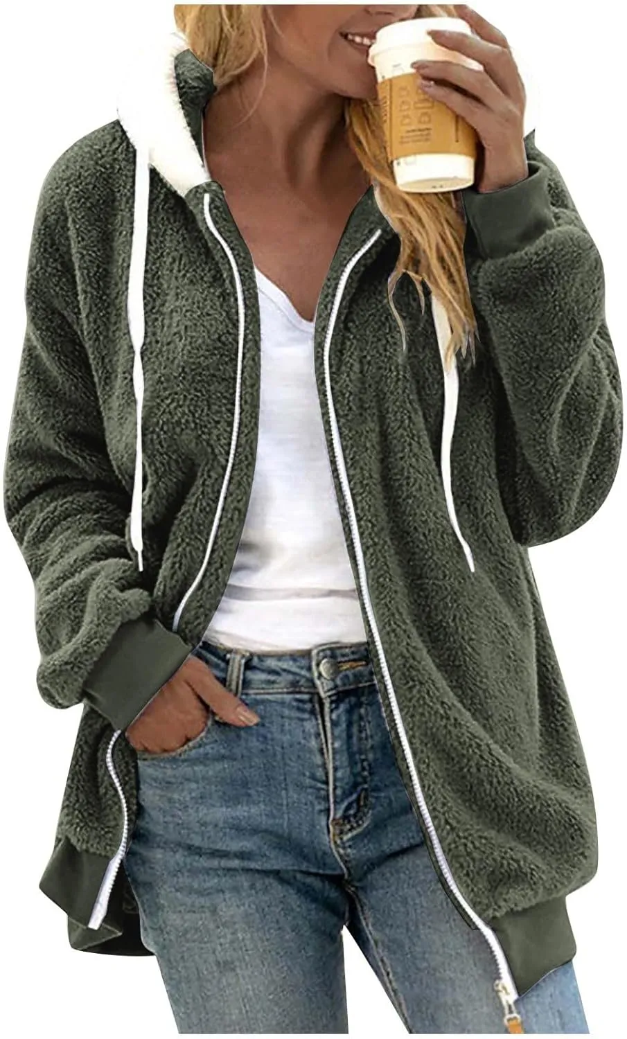 Winter Coats For Women Fuzzy Fleece Jacket Hooded Color Block Patchwork Cardigan Coat Outerwear With Pocket S-5XL
