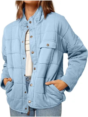 Winter Quilted Jackets For Women Lightweight Button Down Padded Puffer Jackets Stand Collar Long Sleeve Down Coats