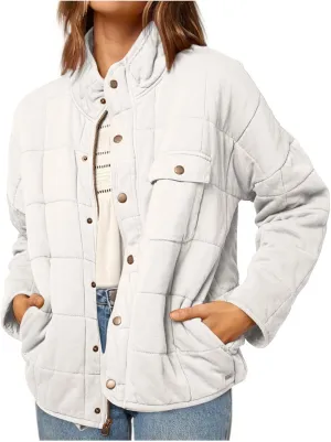 Winter Quilted Jackets For Women Lightweight Button Down Padded Puffer Jackets Stand Collar Long Sleeve Down Coats