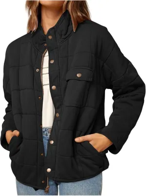 Winter Quilted Jackets For Women Lightweight Button Down Padded Puffer Jackets Stand Collar Long Sleeve Down Coats