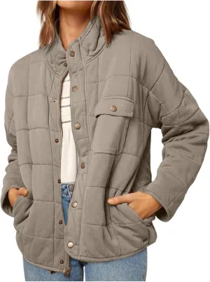 Winter Quilted Jackets For Women Lightweight Button Down Padded Puffer Jackets Stand Collar Long Sleeve Down Coats