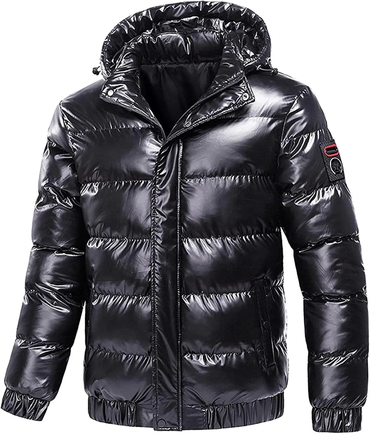 Winter Warm Men Puffer Coat with Fur Hood,Shiny Hooded Reflective Padded Coat Plus Size Bomber Alternative Down Jacket