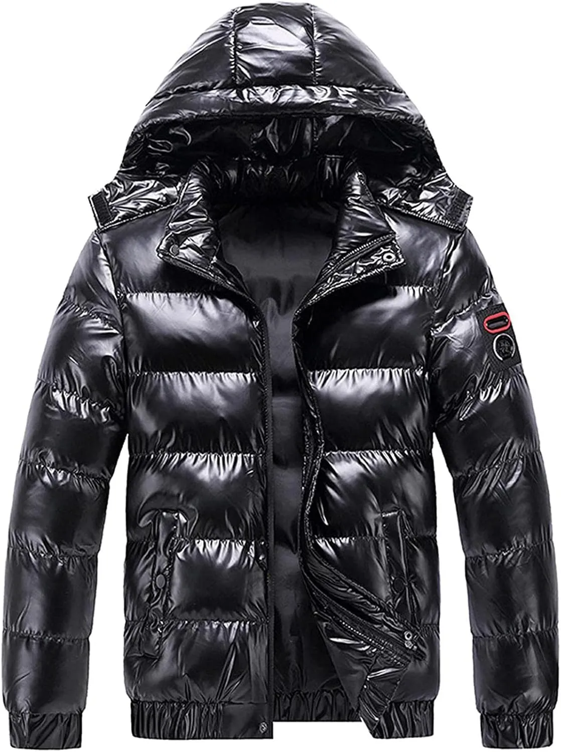 Winter Warm Men Puffer Coat with Fur Hood,Shiny Hooded Reflective Padded Coat Plus Size Bomber Alternative Down Jacket