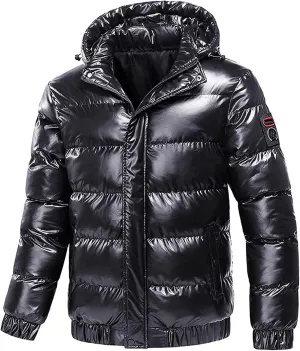 Winter Warm Men Puffer Coat with Fur Hood,Shiny Hooded Reflective Padded Coat Plus Size Bomber Alternative Down Jacket