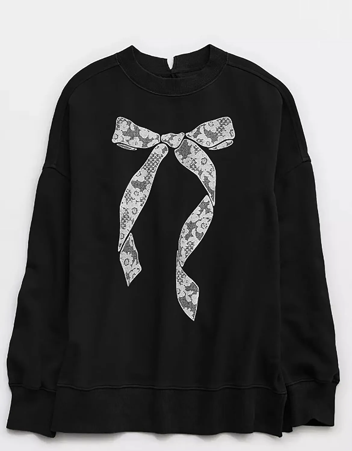 Women Bow Graphic Oversized Sweatshirts Crewneck Drop Shoulder Pullover Sweatshirts Keyhole Back Cute Going Out Tops