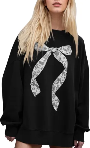 Women Bow Graphic Oversized Sweatshirts Crewneck Drop Shoulder Pullover Sweatshirts Keyhole Back Cute Going Out Tops
