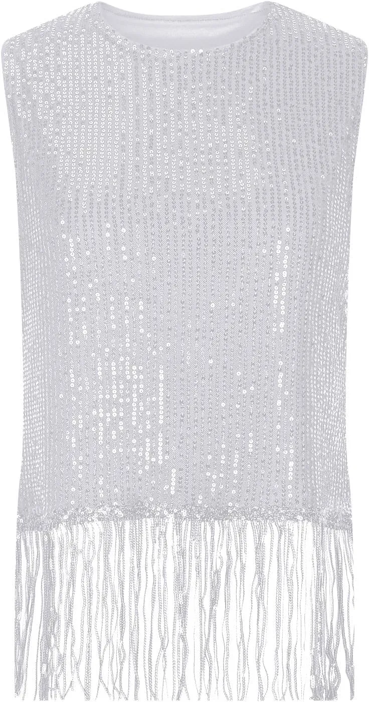Women Fringe Hem Sequin Tank Tops Sleeveless Crewneck Tassel Sequin Shirts Glitter Party Club Slim Fit Disco Outfit