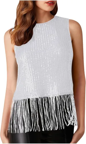 Women Fringe Hem Sequin Tank Tops Sleeveless Crewneck Tassel Sequin Shirts Glitter Party Club Slim Fit Disco Outfit