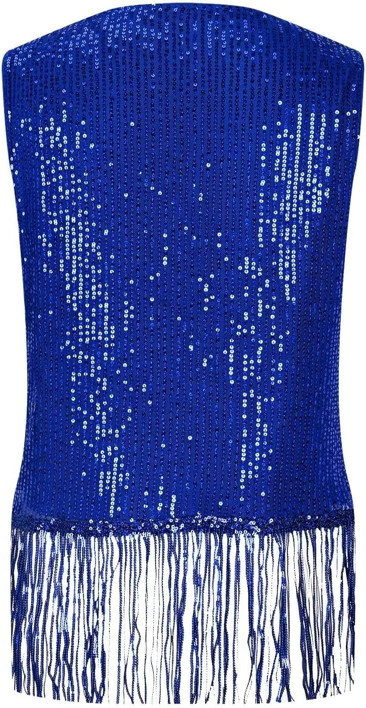 Women Fringe Hem Sequin Tank Tops Sleeveless Crewneck Tassel Sequin Shirts Glitter Party Club Slim Fit Disco Outfit