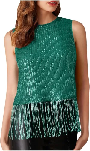 Women Fringe Hem Sequin Tank Tops Sleeveless Crewneck Tassel Sequin Shirts Glitter Party Club Slim Fit Disco Outfit