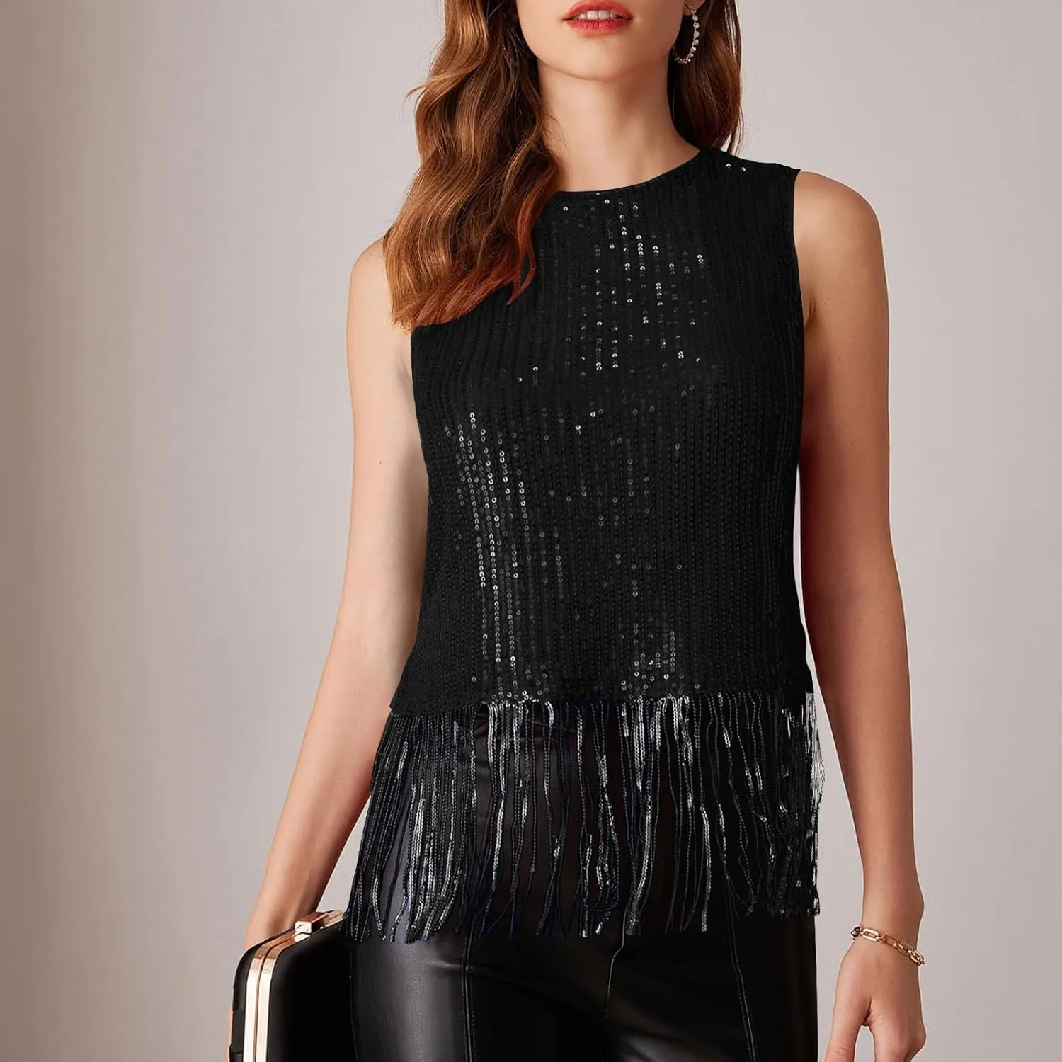 Women Fringe Hem Sequin Tank Tops Sleeveless Crewneck Tassel Sequin Shirts Glitter Party Club Slim Fit Disco Outfit