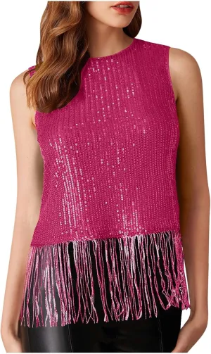 Women Fringe Hem Sequin Tank Tops Sleeveless Crewneck Tassel Sequin Shirts Glitter Party Club Slim Fit Disco Outfit