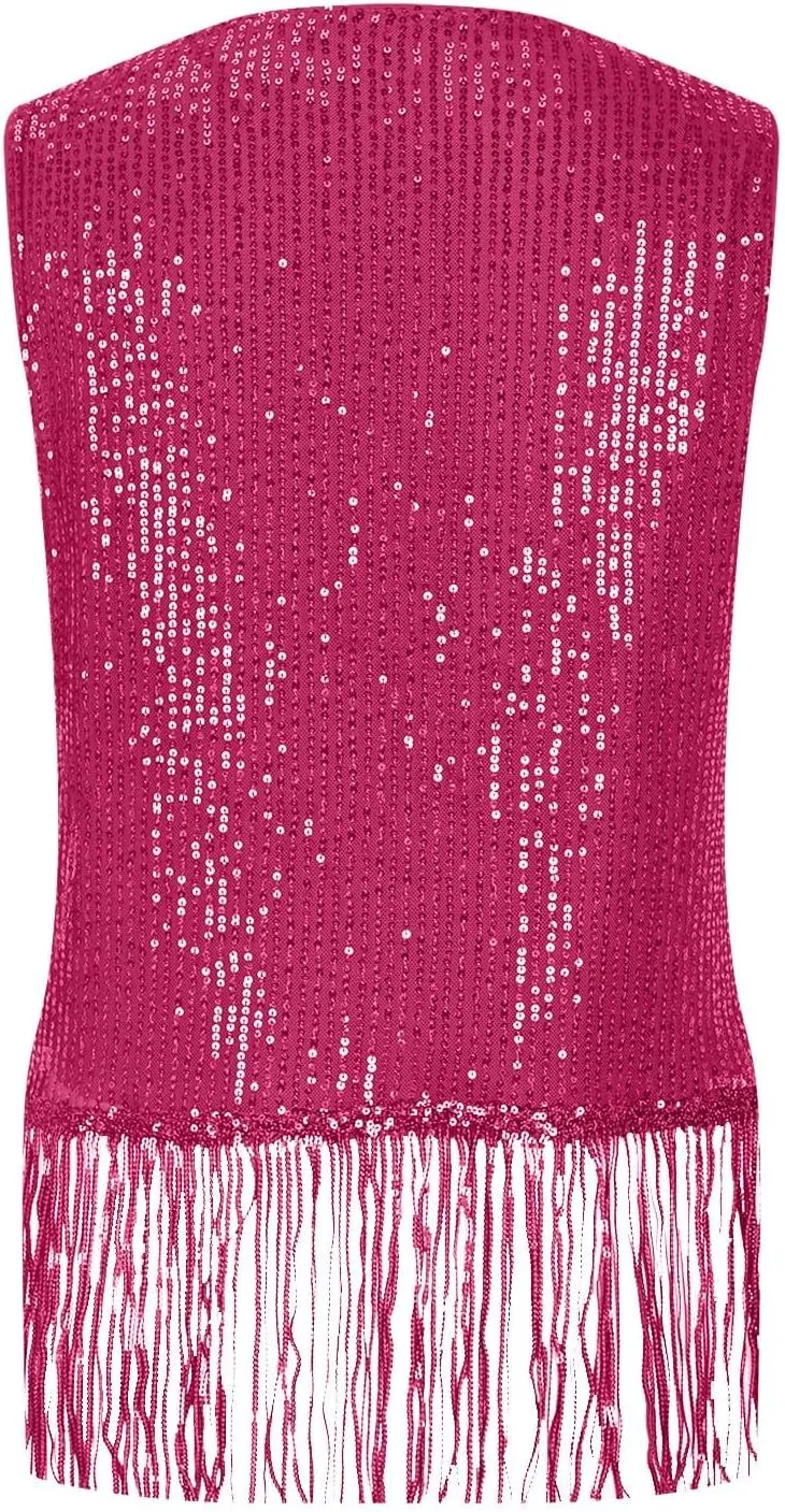 Women Fringe Hem Sequin Tank Tops Sleeveless Crewneck Tassel Sequin Shirts Glitter Party Club Slim Fit Disco Outfit