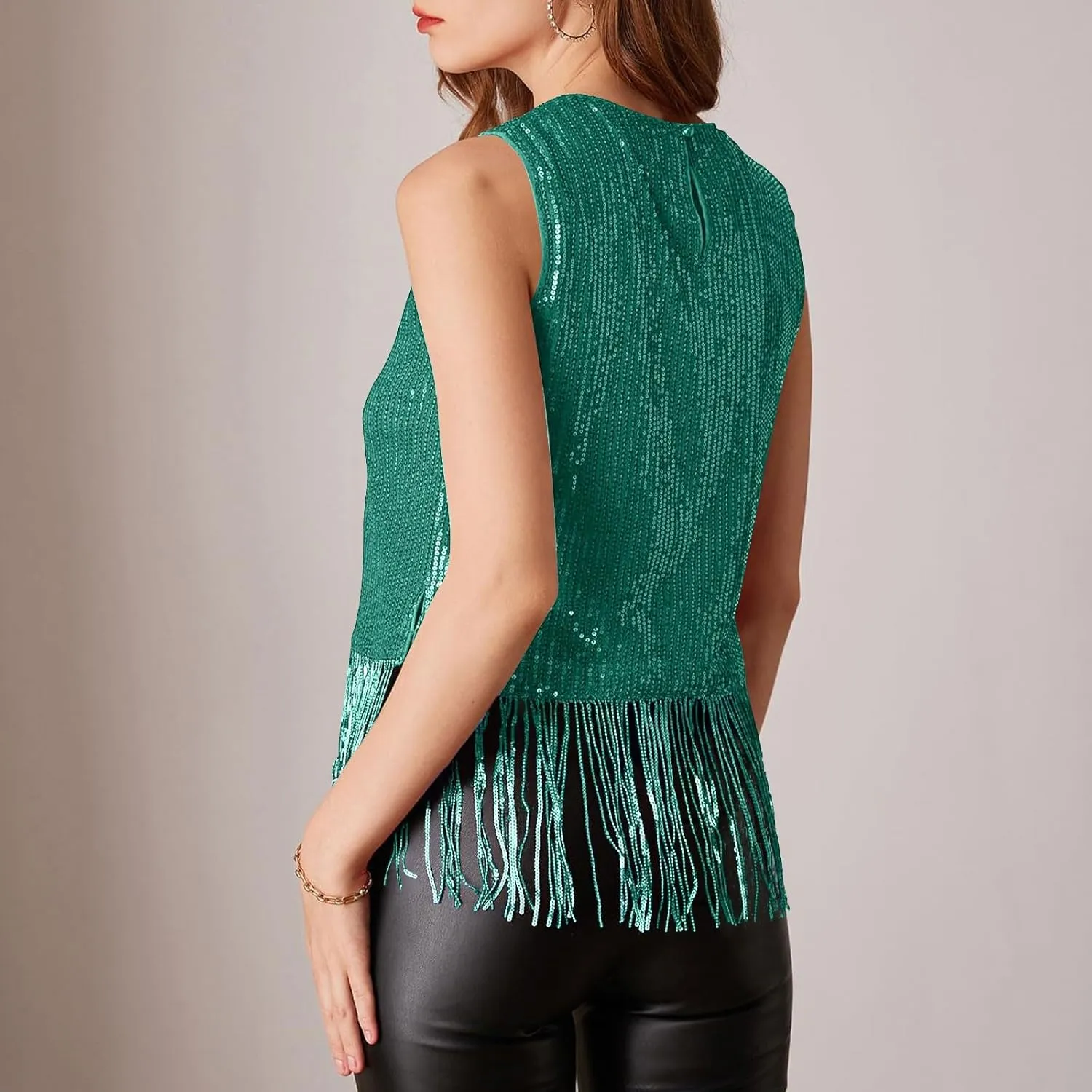 Women Fringe Hem Sequin Tank Tops Sleeveless Crewneck Tassel Sequin Shirts Glitter Party Club Slim Fit Disco Outfit