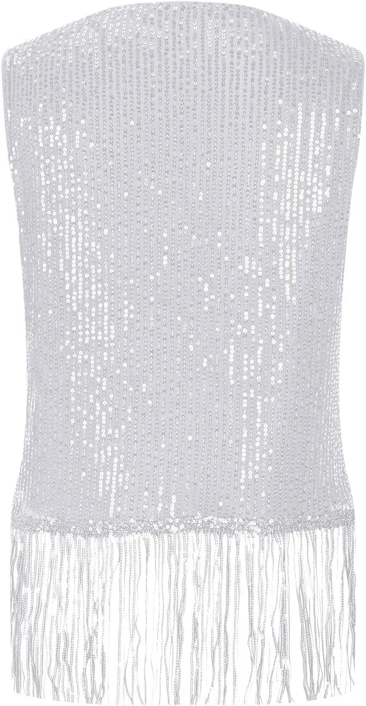 Women Fringe Hem Sequin Tank Tops Sleeveless Crewneck Tassel Sequin Shirts Glitter Party Club Slim Fit Disco Outfit