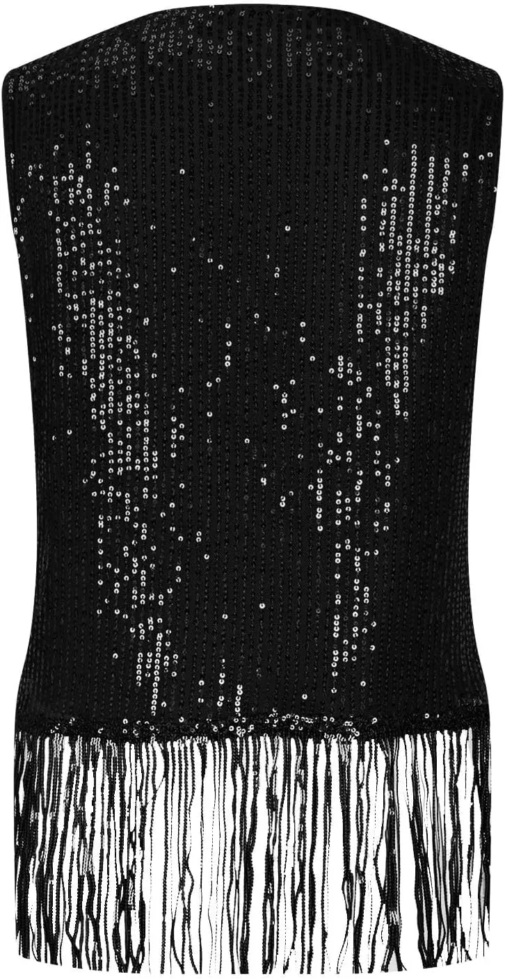 Women Fringe Hem Sequin Tank Tops Sleeveless Crewneck Tassel Sequin Shirts Glitter Party Club Slim Fit Disco Outfit