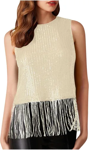 Women Fringe Hem Sequin Tank Tops Sleeveless Crewneck Tassel Sequin Shirts Glitter Party Club Slim Fit Disco Outfit