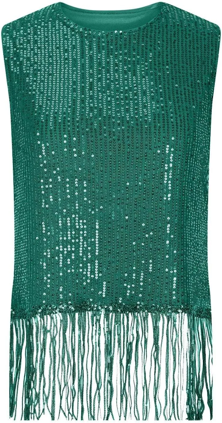 Women Fringe Hem Sequin Tank Tops Sleeveless Crewneck Tassel Sequin Shirts Glitter Party Club Slim Fit Disco Outfit
