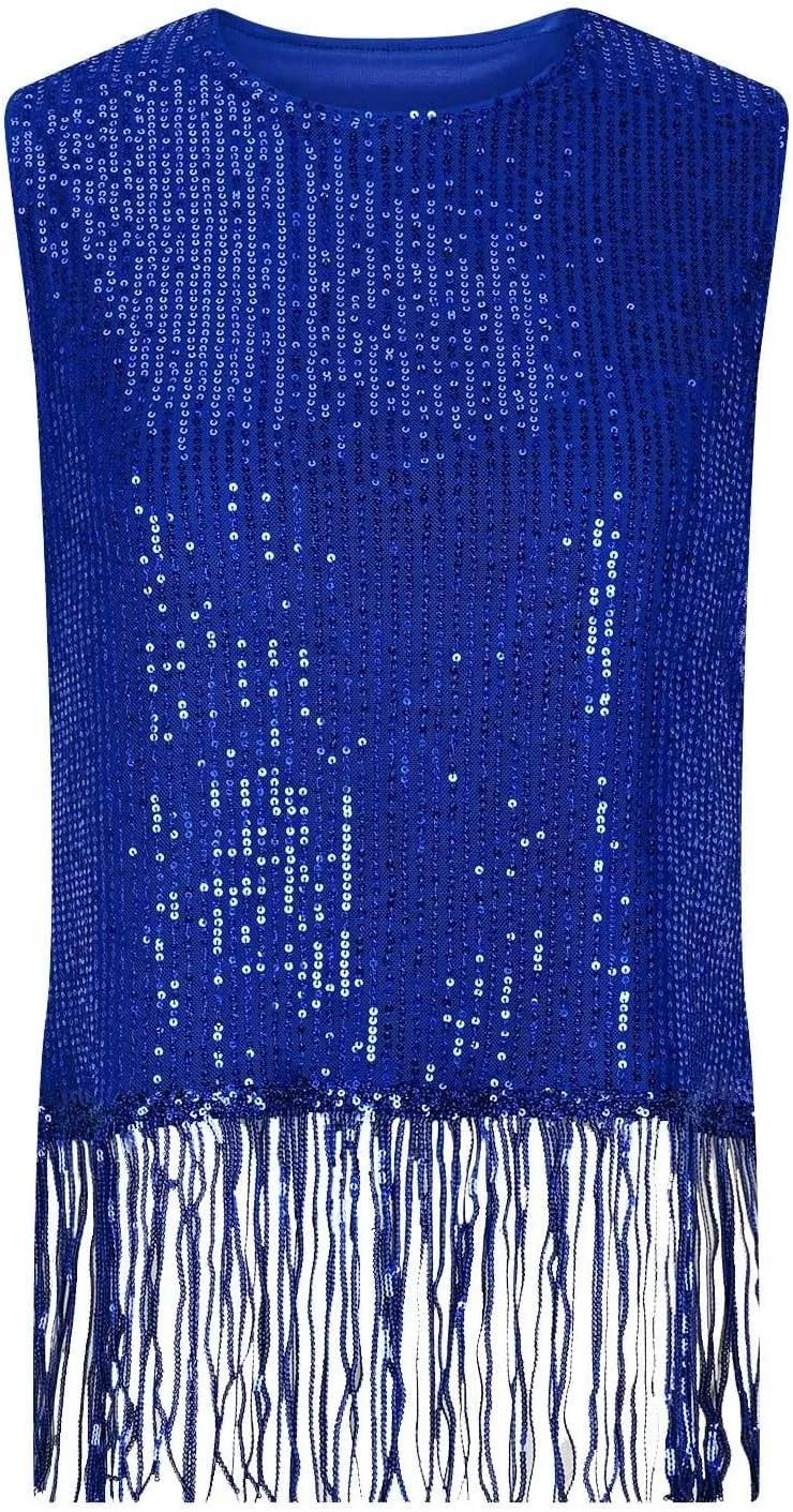 Women Fringe Hem Sequin Tank Tops Sleeveless Crewneck Tassel Sequin Shirts Glitter Party Club Slim Fit Disco Outfit