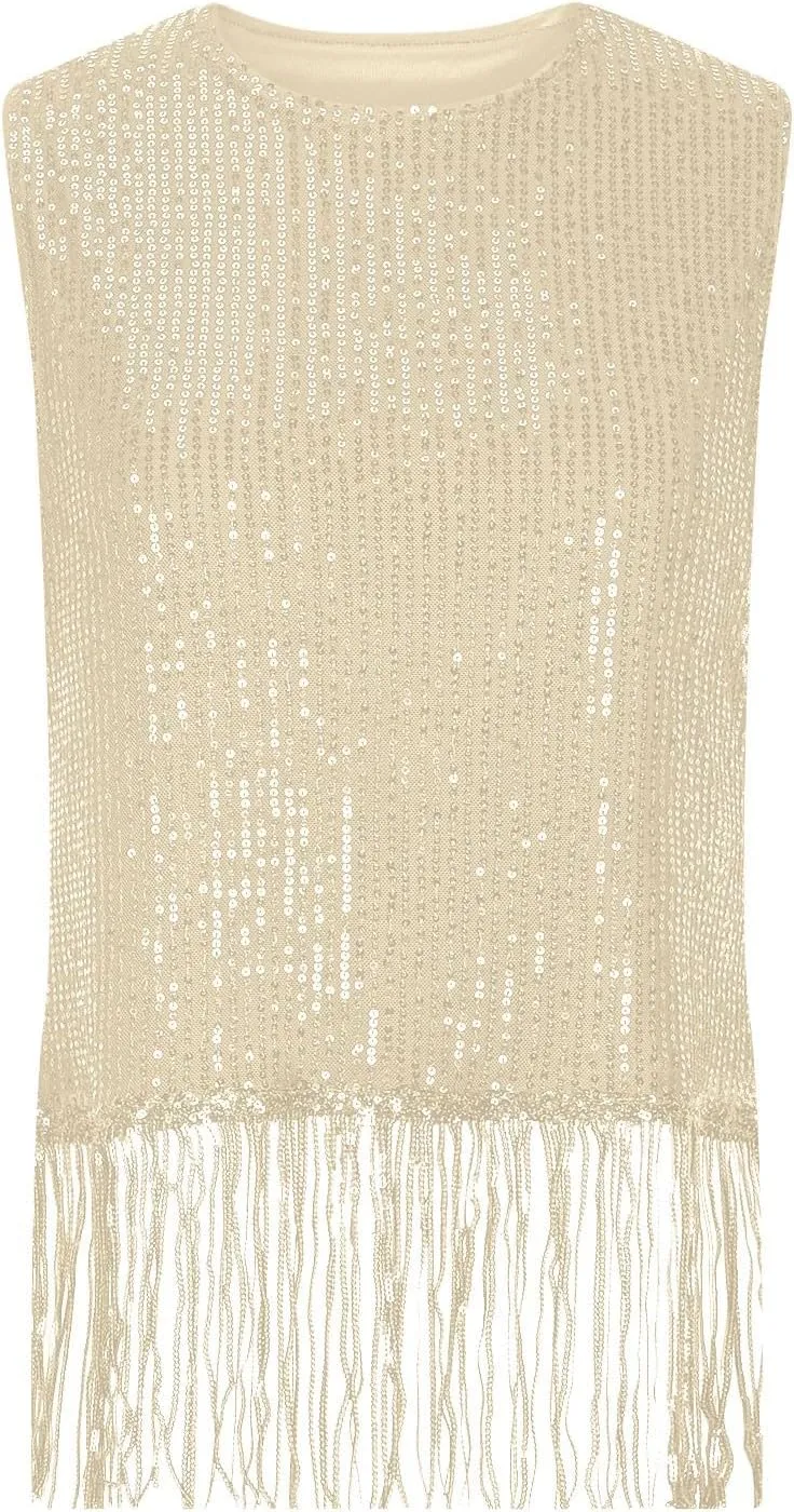 Women Fringe Hem Sequin Tank Tops Sleeveless Crewneck Tassel Sequin Shirts Glitter Party Club Slim Fit Disco Outfit