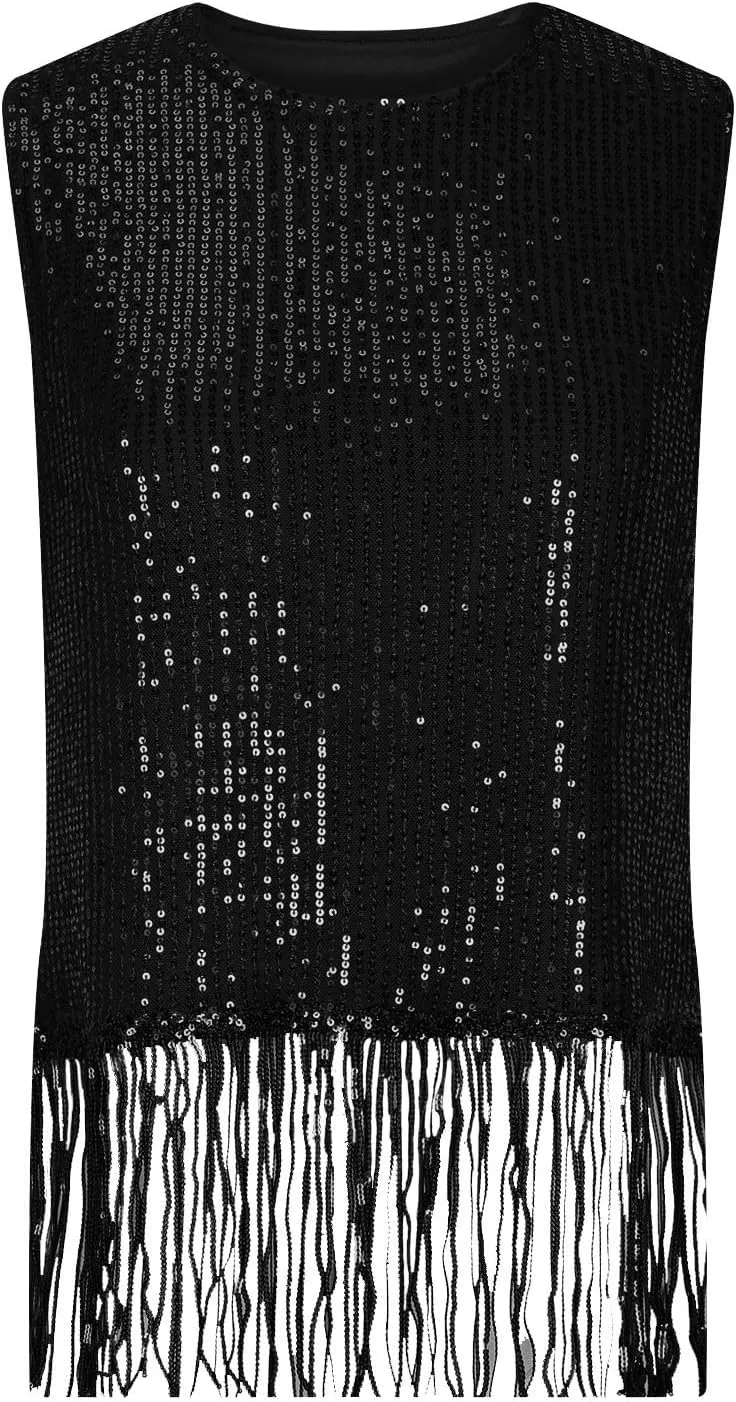 Women Fringe Hem Sequin Tank Tops Sleeveless Crewneck Tassel Sequin Shirts Glitter Party Club Slim Fit Disco Outfit