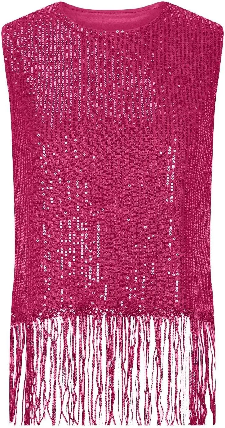 Women Fringe Hem Sequin Tank Tops Sleeveless Crewneck Tassel Sequin Shirts Glitter Party Club Slim Fit Disco Outfit