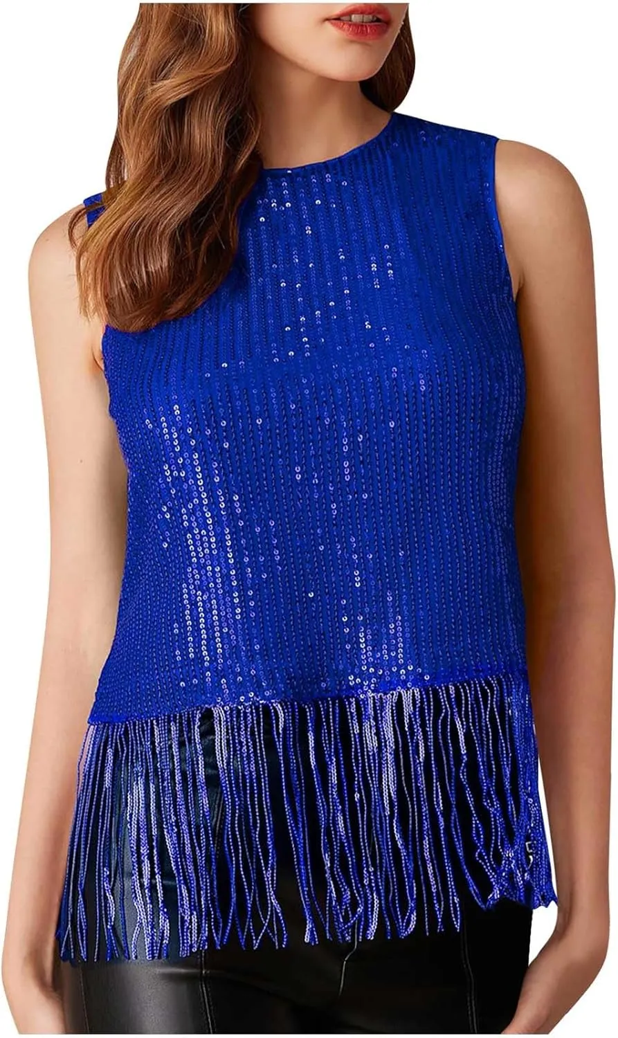 Women Fringe Hem Sequin Tank Tops Sleeveless Crewneck Tassel Sequin Shirts Glitter Party Club Slim Fit Disco Outfit