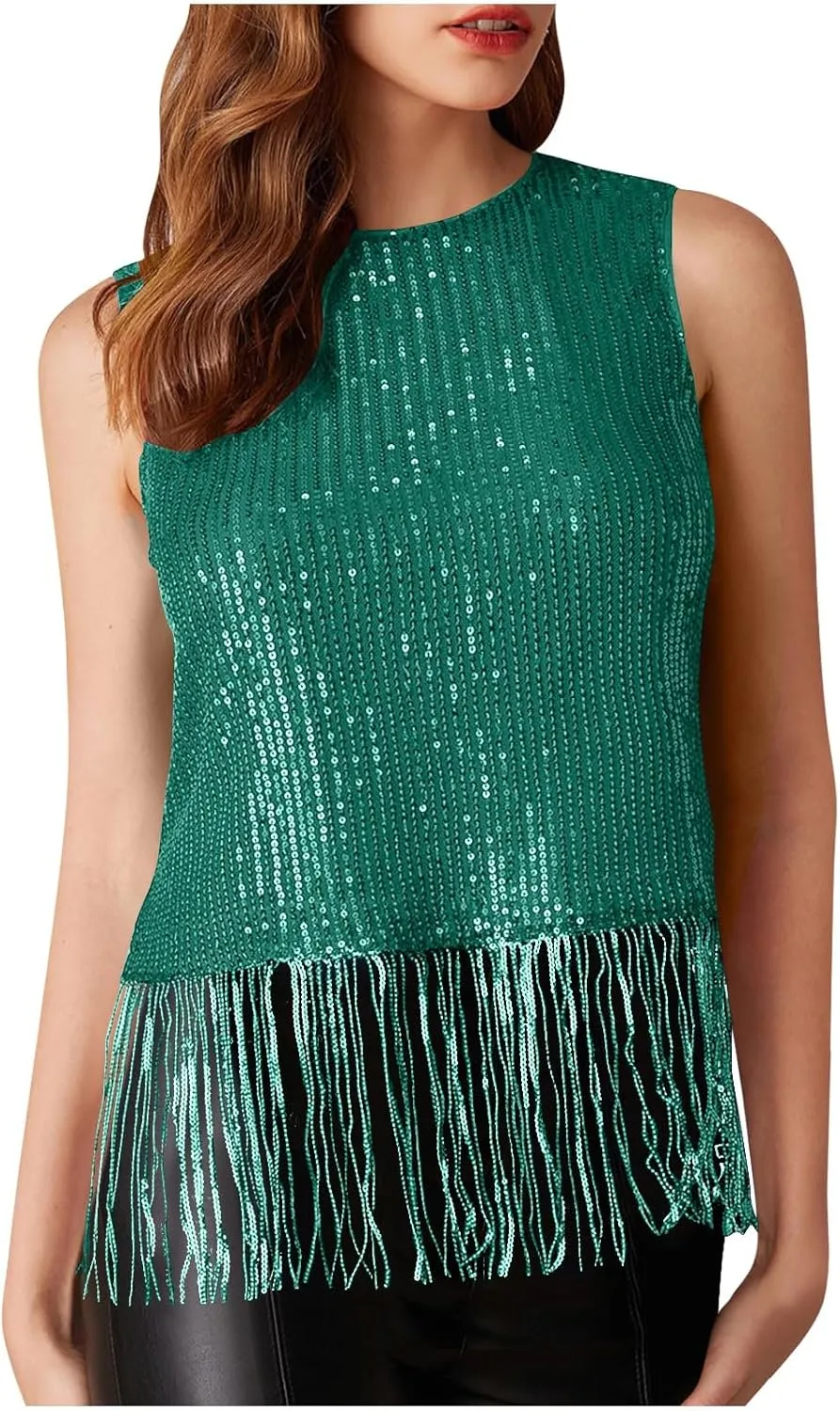 Women Fringe Hem Sequin Tank Tops Sleeveless Crewneck Tassel Sequin Shirts Glitter Party Club Slim Fit Disco Outfit