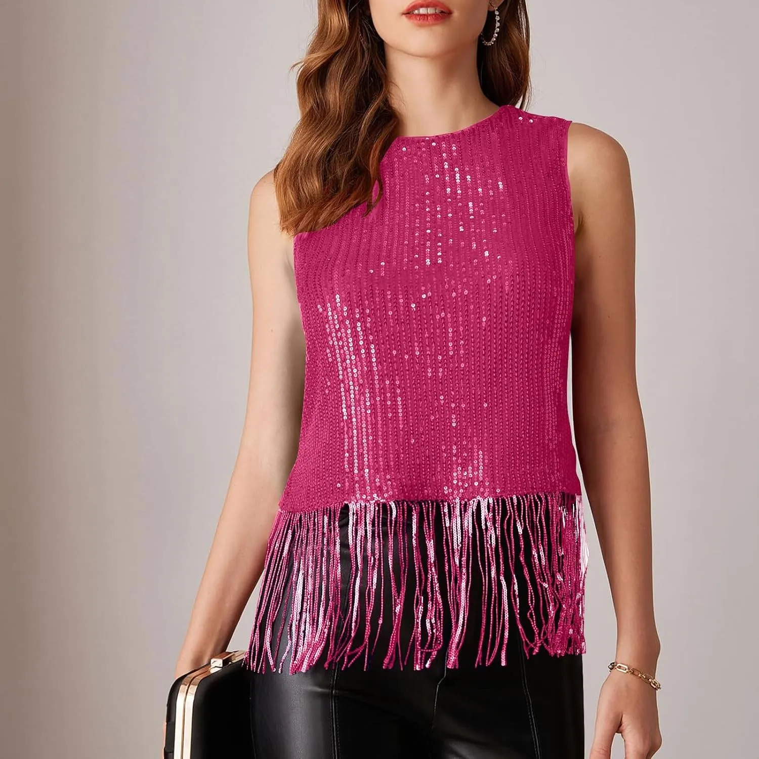 Women Fringe Hem Sequin Tank Tops Sleeveless Crewneck Tassel Sequin Shirts Glitter Party Club Slim Fit Disco Outfit