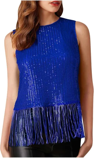 Women Fringe Hem Sequin Tank Tops Sleeveless Crewneck Tassel Sequin Shirts Glitter Party Club Slim Fit Disco Outfit