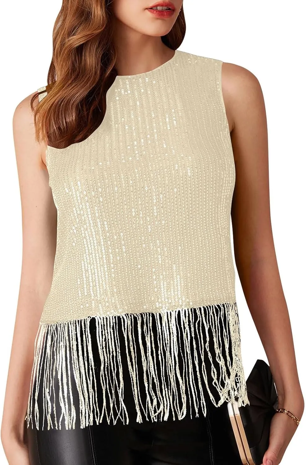 Women Fringe Hem Sequin Tank Tops Sleeveless Crewneck Tassel Sequin Shirts Glitter Party Club Slim Fit Disco Outfit